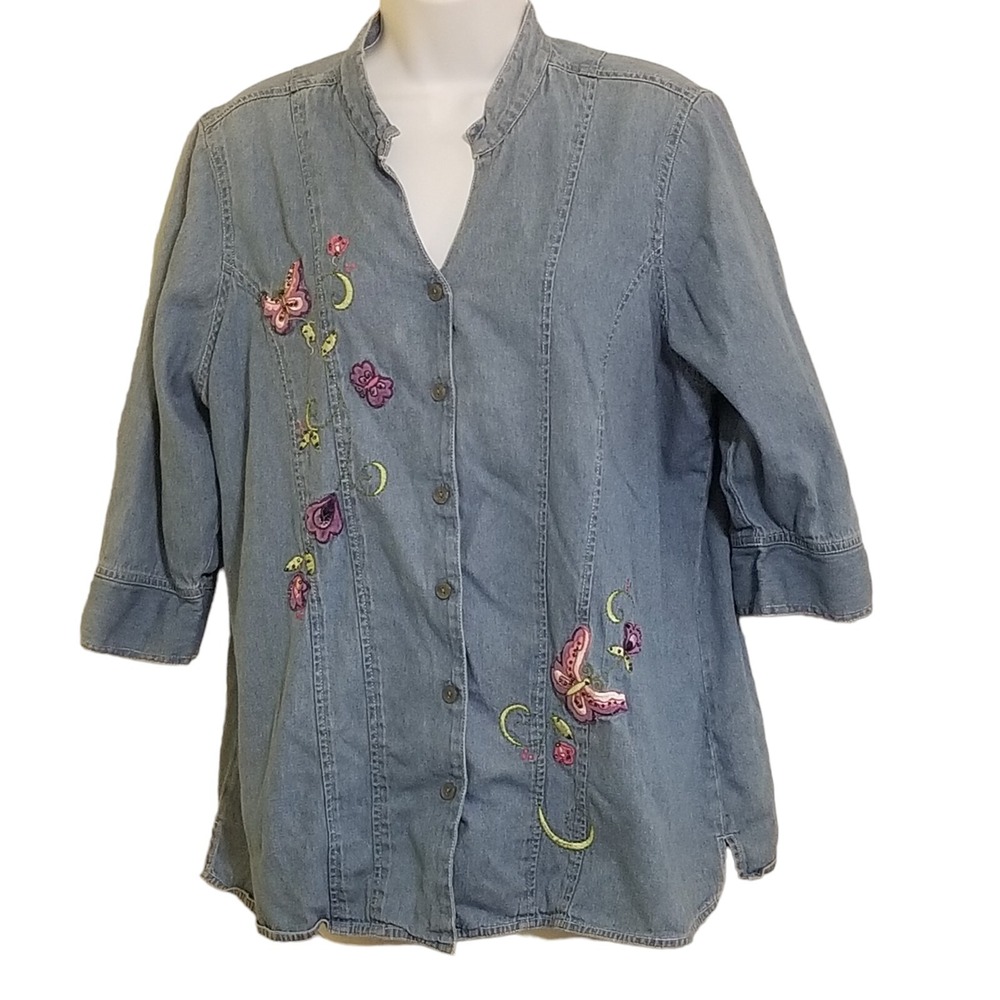 Club Z Shirt Top 14 Denim Chambray Embellished Beaded Embroidered V-Neck